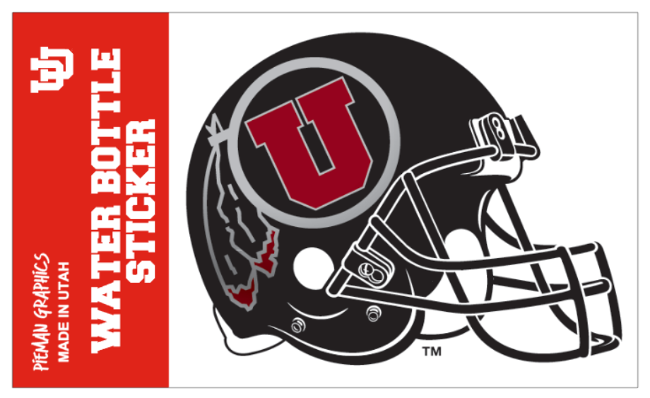 Water Bottle Sticker - University of Utah Black Circle and Feather Helmet