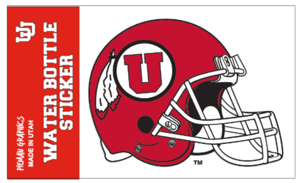 Water Bottle Sticker - University of Utah Red Circle and Feather Helmet