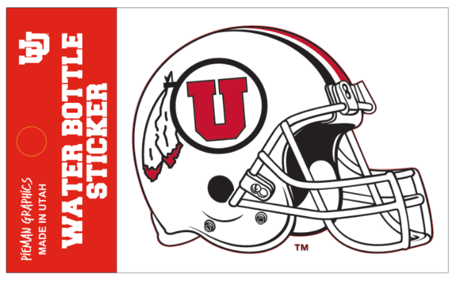 Water Bottle Sticker - University of Utah White Circle and Feather Helmet